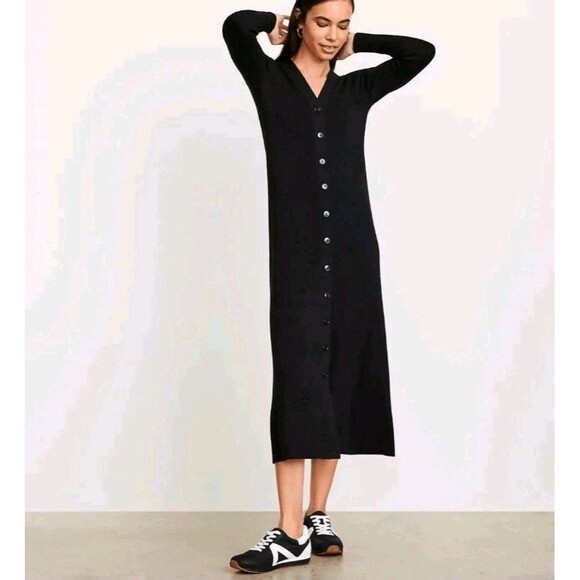 Loft Versa Sweater Maxi Dress PXL Petite Black Rib Knit V Neck A Line Button New - Picture 7 of 11